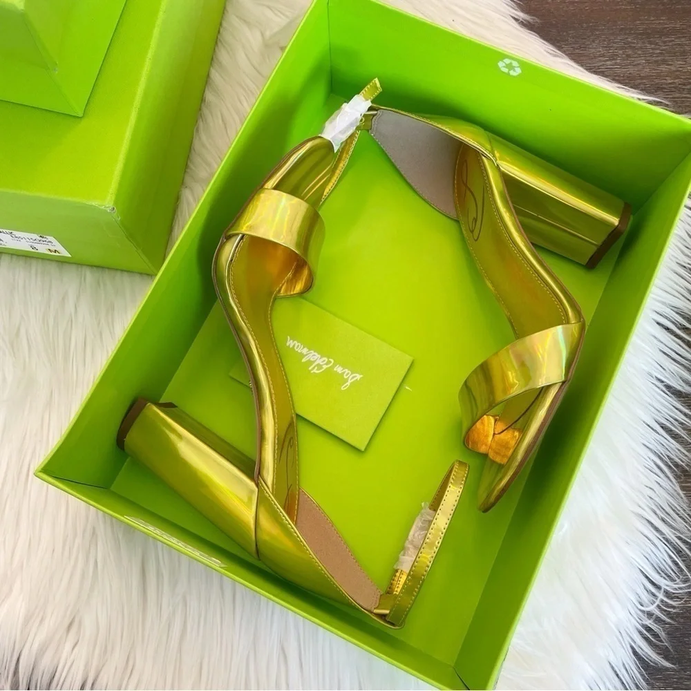 New Sam Edelman Women’s Yaro Ankle Strap Block Heel Sandal in Mimosa Gold Size 8